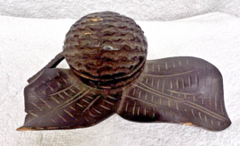 Antique Folk Art Hand Carved Wood Thimble Holder Nut w Leaves 5 3/4&quot; - $64.35