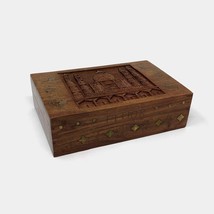 Indian Wood Tea Box With Hand Carved Taj Mahal Brass Inlay - £23.98 GBP