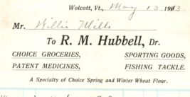 Wolcott Vermont Hubbell Fishing Tackle Sporting Goods Patent Medicines Document - £15.91 GBP