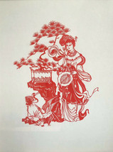 Japanese Chinese Art Kirigami Picture 9&quot; x 11.5” Vtg Geisha Garden Bird ... - £23.45 GBP