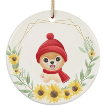 Cute Baby Pomeranian Dog Lover Ornament Sunflower Wreath Xmas Gift Tree Decor - £11.86 GBP