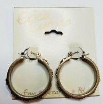Erica Lyons Antique Gold Tone Hoop Earrings 1.25 Inch Flowers W Rhinestones - £10.76 GBP