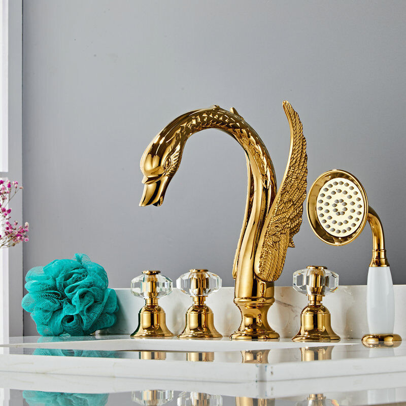 Gold Color 5 Holes widespread Swan bathtub shower Faucet crystal handles... - $425.69