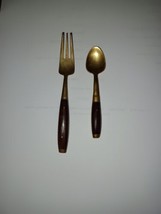 Vintage Teak Inlaid Wood Handle Relish Infant Baby Child Serving Set Fork Spoon - $15.00