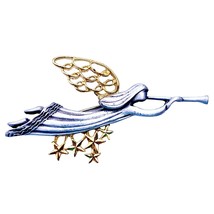 Vintage Angel Flying Trumpet Wings Brushed Silver Gold Tone Brooch Pin - £10.44 GBP