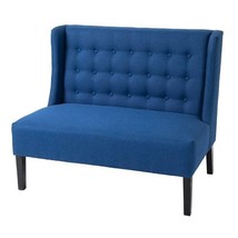 Scandinavian 2 Seater Button Tufted Loveseat Wooden Legs Blue Linen - $368.49