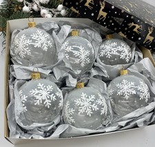 Set of 6 transparent with white snowflakes Christmas glass balls - £56.95 GBP