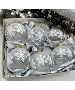 Set of 6 transparent with white snowflakes Christmas glass balls - £55.65 GBP