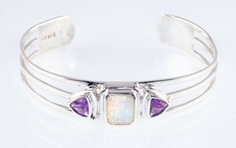 Opal Amethyst Sterling Silver Cuff Bracelet Nice Condition - £135.02 GBP