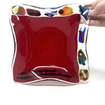 Multicolor Fused Glass Dish Square Red W Geometric Design Handmade 7.75”W - £26.29 GBP