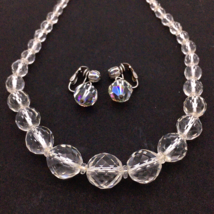 FACETED clear glass bead necklace &amp; clip-on drop earrings - vtg graduate... - £19.91 GBP