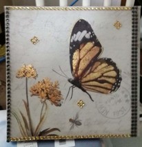 WALL ART PHOTO REPRO. NEW FAUX CANVAS GOLD BUTTERFLY &amp; FLOWER  HAND EMBE... - $11.64