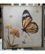 WALL ART PHOTO REPRO. NEW FAUX CANVAS GOLD BUTTERFLY &amp; FLOWER  HAND EMBE... - €10,03 EUR