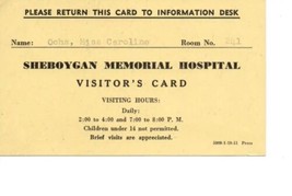 1951 Rare Sheboygan Memorial Hospital Visitors Card Defunct Hospital Med... - $10.26