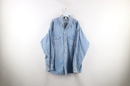 Vintage 90s OshKosh B&#39;Gosh Mens 2XLT Distressed Denim Jean Button Shirt Blue - £38.88 GBP