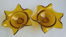 (2) Amber Art Glass Bowls Candy Dishes Ruffle Edge 11&quot; Vintage Mid-century - £32.35 GBP