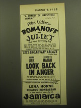 1958 Broadway Plays Ad - Romanoff and Juliet; Look Back in Anger; and Jamaica - £14.73 GBP
