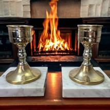 Vtg 2 Set Brass Candle Holders With Marble Base 5.25in x 4in Mid-Century Modern - £12.91 GBP