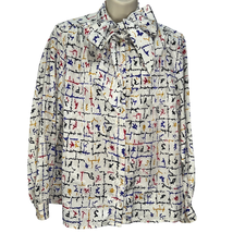 Vintage Alfred Dunner Pussy Bow Blouse Size 20 White Abstract Patch Long Sleeve - £27.59 GBP
