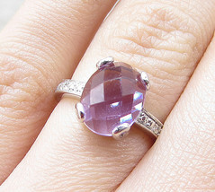 925 Sterling Silver - Amethyst &amp; Genuine Diamonds Solitaire Ring Sz 5 - RG1748 - £26.90 GBP
