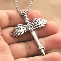 Men Silver Angel Wing Sword Cross Pendant Punk Rock Biker Necklace Box Chain 24&quot; - £7.11 GBP