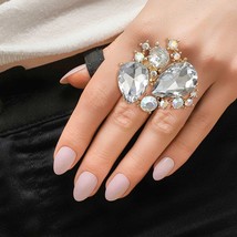 Fashion Women Beautiful Clear Teardrop Crystal Gold Plated Stretch Cocktail Ring - £30.05 GBP