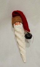 Santa Claus Head Long Beard Icicle Ornament Burlap Hat Jingle Bell 7&quot; - £15.47 GBP