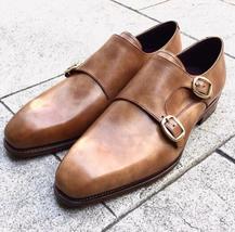 Handmade men&#39;s bespoke genuine calf leather brown monk strap dress shoes - £144.22 GBP+