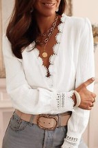 White Lace Crochet Trim Deep V Neck Textured Blouse - £27.71 GBP