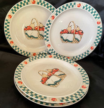 Dinner Plates Green Check Rim With Apples Basket with Fruit in Center St... - $34.00