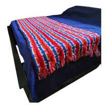 Vintage Afghan Crochet Red White Blue Sofa Couch Blanket Quilt Foot of bed 33x84 - $52.35