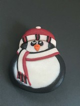 Estate Cute Red White &amp; Black Polymer Clay Chubby Penguin Snowman w Scarf &amp; Hat  - £9.79 GBP