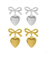 Bow Heart Dangle Earrings Stainless Steel - £19.30 GBP