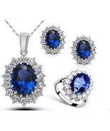Royal Blue Sapphire/CZ Engagement Silver Wedding Party Earrings Necklace... - $22.96 CAD