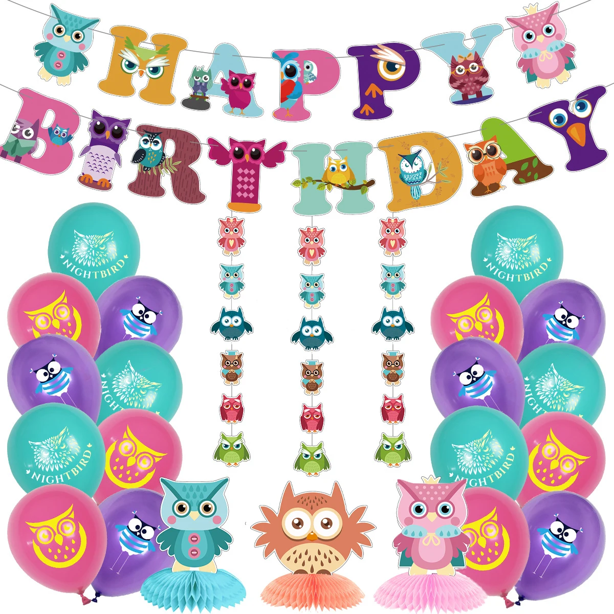 Play JOYMEMO Owl Theme Birthday Party Decoration Latex Balloons Set Banner Garla - £38.75 GBP