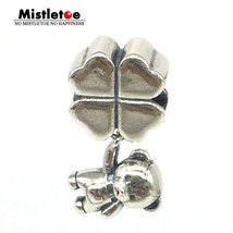 925 Sterling Silver Lucky Clover Bear Dangle Charm Fit European Bracelet Jewelry - £30.86 GBP