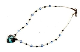 Black and Blue Glass Bead Necklace with Glass Patchwork Heart Adjustable - £8.61 GBP