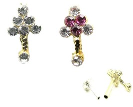 2pc Gold Plated White Pink Rhinestones Nose Stud Nose Ring Nose Pin - £5.89 GBP