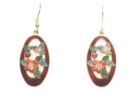 Cloisonne Oval Drop Dangle Earrings Red Enamel Floral Gold Wire Hooks Vi... - $14.95
