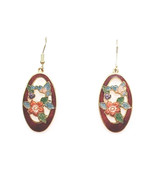 Cloisonne Oval Drop Dangle Earrings Red Enamel Floral Gold Wire Hooks Vi... - £11.68 GBP