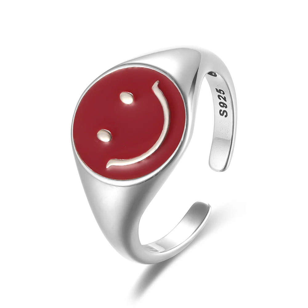 925 Sterling Silver Smiley Face Ring Enamel Dripping Oil Colorful for Female Wom - £18.98 GBP