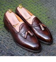 Handmade premium leather tassels loafer burgundy patina men dress moccasin shoes - £143.84 GBP+