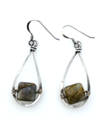 Sterling Silver Wire Wrapped Labradorite Stone Elongated Hoop Earrings - $27.72