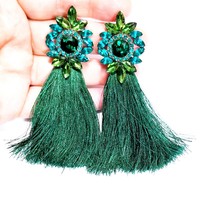 Green Tassel Drop Earrings, Bridesmaid Rhinestone Earrings, 4 Inch Pagea... - £29.48 GBP