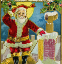 Santa Claus Smoking Tobacco Pipe On Housetop Chimney Antique Christmas Postcard - £9.46 GBP