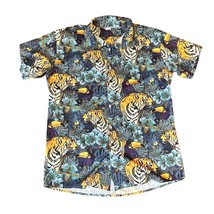 Mens African Blue &amp; Orange Floral Tiger Toucan L Short Sleeve Button Up Shirt - £18.67 GBP