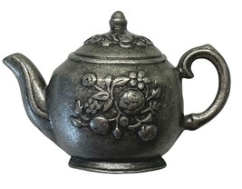 Vintage Pewter Teapot Floral  Brooch Pin 2.5 Inch Across Silver Tone - £12.50 GBP