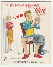 Vintage Valentine Card Mid Century Couple Husband Sewing Paramount 1950&#39;s - $12.86