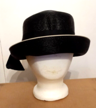 Womens Glossy Straw Bowler Hat VTG Black &amp; White Ribbon Formal Dress Rol... - $19.75