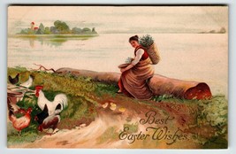 Easter Postcard Rooster Hen Baby Chicks Women Seated On Log Basket Germany 1909 - £9.69 GBP